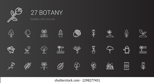 botany icons set. Collection of botany with tree, oak leaf, palm tree, branch, rose, sprout, wheelbarrow, acorn, fertilizer, watering can. Editable and scalable botany icons.
