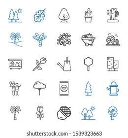 botany icons set. Collection of botany with tree, acorn, rose, palm tree, watering can, fertilizer, birch, terrarium, wheelbarrow, viburnum. Editable and scalable botany icons.