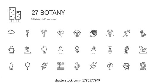 botany icons set. Collection of botany with tree, branch, cactus, palm tree, rose, watering can, acorn, wheelbarrow, sprout, birch. Editable and scalable botany icons.