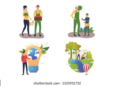 Botany illustration set. People gathering harvest, presenting planet into lightbulb, planting trees in forest. Nature concept. Vector illustration for posters, presentations, landing pages