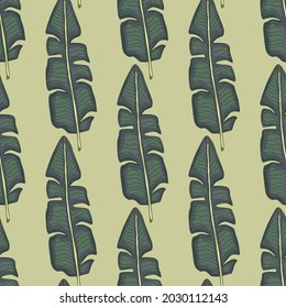 Patrón de la jungla botánica sin soldadura con adorno de hojas de palma azul pálido. Fondo beige. Estilo Doodle. Diseño gráfico para envolver texturas de papel y tela. Ilustración vectorial.