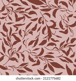 Botany leaves silhouettes seamless repeat pattern. Random placed, vector branches all over surface print in brown.