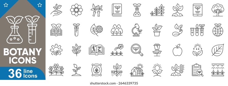 Conjunto de ícones editáveis da linha de botânica. Inclui folha, flor, árvore, semente, raiz, caule, broto, pétala, videira, estufa, natureza e muito mais. Ilustração vetorial.