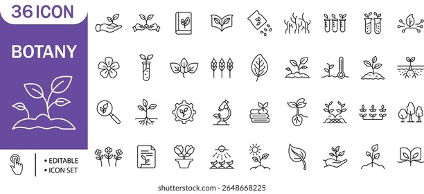 Botany Line Icons, Planta, Crescimento, Natureza, Ciência, Eco, Pesquisa, Icon Set

