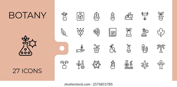 Botany linear icon collection. It contains symbols to tree, web, natural, chemistry, wood and more. Minimalistic icon. Editable vector stroke.