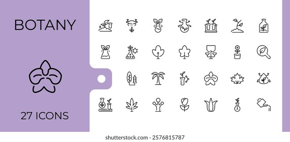 Botany linear icon collection. It contains symbols to tree, web, natural, chemistry, wood and more. Minimalistic icon. Editable vector stroke.