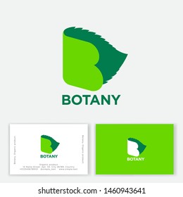 Botany monogram. Letter B like open book with green leaf. Nature emblem. Business card.