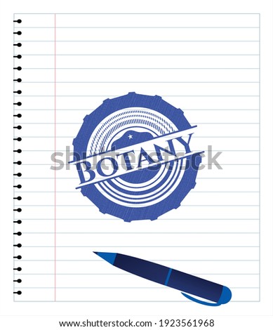 Botany pen strokes emblem. Blue ink. Vector Illustration. Detailed. 