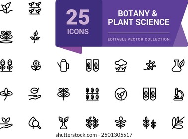 Botany and Plant Science icon set. science laboratory education school learning detailed outline line icon set. Simple editable vector stroke illustration.