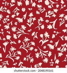 Botany plants seamless repeat pattern. Random placed, vector flowers with leaves, herbs and weeds all over surface print on red background.