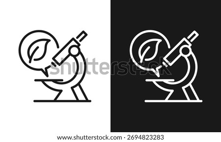 Botany Research Icon, Minimalist Microscope with Leaf Symbol, Modern Line Art for Biological Science, Natural Product Analysis, and Laboratory Investigation, Simple Vector Graphic, Black and White.