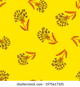 Botany seamless doodle pattern with hand drawn dandelion random print. Yellow bright background. Simple artwork. Great for fabric design, textile print, wrapping, cover. Vector illustration.