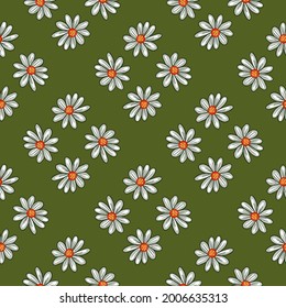 Botany seamless pattern with decorative light blue daisy flowers ornament. Green bright background. Stock illustration. Vector design for textile, fabric, giftwrap, wallpapers.