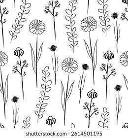 Botany seamless pattern with elegant Flowers, herbs, Doodle brush style on white background.
