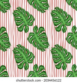 Botany seamless pattern with green palm leaf doodle ornament. Pink striped background. Decorative backdrop for fabric design, textile print, wrapping, cover. Vector illustration.