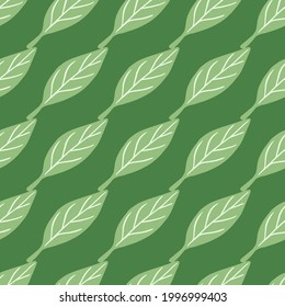 Patrón ininterrumpido con hojas de estilo sencillo dibujadas a mano adornadas. Fondo de colores verdes. Perfecto para el diseño de tela, impresión textil, envoltura, cubierta. Ilustración vectorial.
