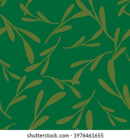 Botany seamless pattern with random leaf branches silhouettes print. Green palette nature artwork. Vector illustration for seasonal textile prints, fabric, banners, backdrops and wallpapers.