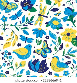 Botany seamless pattern in yellow and blue colors.Vector background in yellow and blue colors