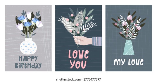 Botany set greeting card with vases. Holiday, event, anniversary party invitation card. Vector illustrations for poster, birthday cards. Vector template illustration.
