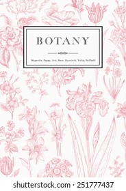 Botany. Vintage floral card. Vector illustration of style engravings. Pink flowers with black and white frame.