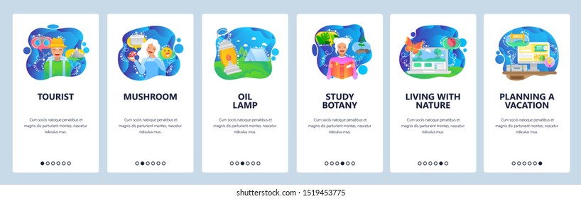 Botany web site and mobile app onboarding screens. Menu banner vector template for website and application development. Plant science study, live with nature, botanist education and career concept.