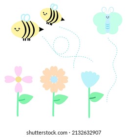 Both bees and butterflies fly amongst the pastel flowers. It's a vector illustration style.