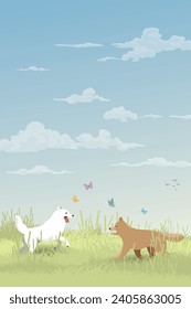 Both of dogs playing together on grass field in spring season flat design vector illustration. Dog unleashed in dog park.