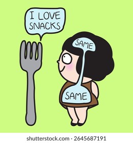 Ambos Fork E A Jovem Senhora Amor Snacks Conceito Cartoon Personagem ilustração