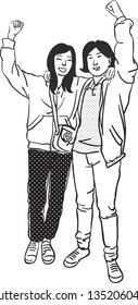 Both friends are happy and success while raising their side by side arms on fist. 