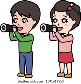 Both girl and boy eating rice roll.