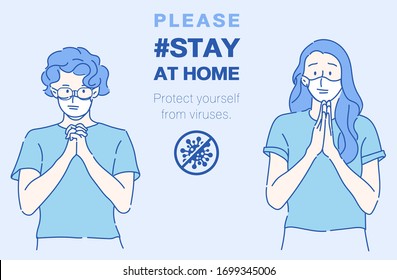 Both girl raise their hands to pay respect "Please stay at home". Infection control concept. Hand drawn in thin line style, vector illustrations.