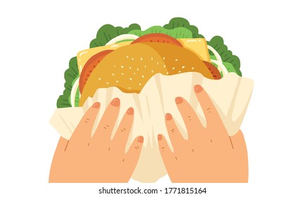 Both Hand Holding Big Burger With Full Tomato, Cheese, Onion And Vegetable. Concept Of Eating, Food, Fast Food, Junk Food, Giant Burger, Yummy, Delicious.  Flat Vector Illustration.