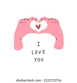 Both hand making heart shape with little red heart inside and word "I Love You". Hand sign clip art for Valentine's day, greeting card decoration, print, banner. Flat vector illustration.