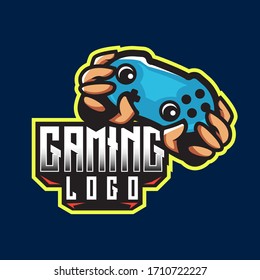 Both hands with abstract blue game controller esport vector logo design template