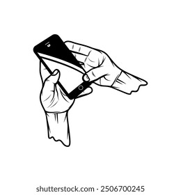 both hands chatting using a cell phone black and white vector line art