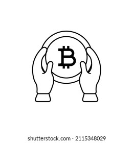 Beide Hände, die eine Bitcoin-Kontursymbol-Illustration auf weißem Hintergrund halten