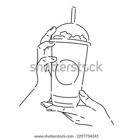 both hands holding a cold drink in a cup, ice coffee cup, juice cup. with line art style, sketch. isolated on white background. hand drawn vector illustration.