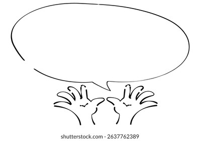 both hands raised in banzai pose with speech balloon illustration