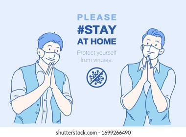 Both men raise their hands to pay respect "Please stay at home". Infection control concept. Hand drawn in thin line style, vector illustrations.