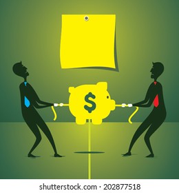 both men try to shift piggy bank his own side concept vector