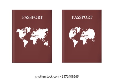 Both passport on white background. Vector passport. Air travel concept. Passports with map isolated. Flat Design, passports illustration.