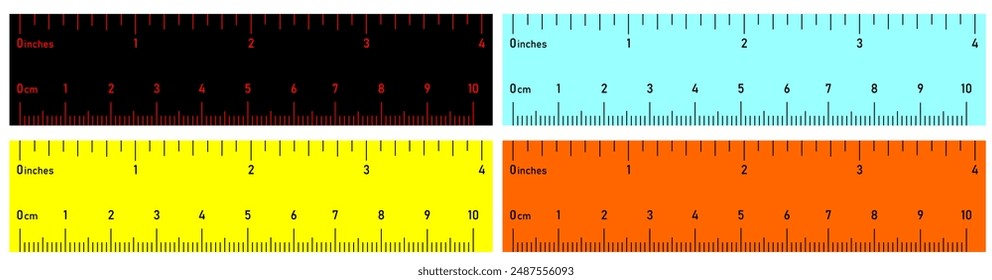 Both side ruler with scales in centimeters and inches. Yellow black red and sky vector illustration