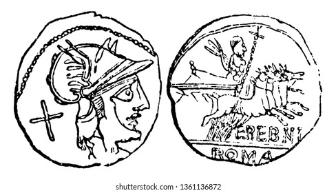 A ambos lados de una moneda, donde por un lado está la imagen del emperador y por el otro la imagen del soldado montada en un coche, dibujo vintage o ilustración grabadora.