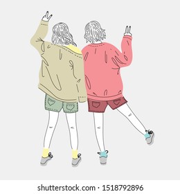 Both young women dress up in fashion and lifestyle styles standing outdoors.Doodle art concept,illustration painting