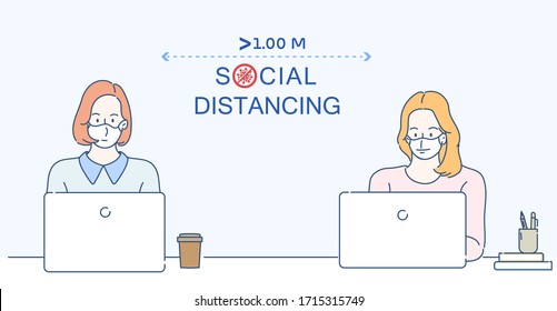 Both young women wearing a medical mask.They are working through laptop. Social distancing, keep distance in public society people to protect from COVID-19. Hand drawn in thin line style.