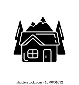 Bothy black glyph icon. Mountain cabin. Wilderness hut. Hiking and mountain recreation. Tourism building. Emergency survival shelter. Silhouette symbol on white space. Vector isolated illustration