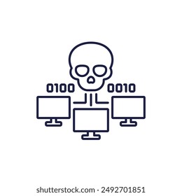 Botnet, icono de línea de ataque bot, malware informático o software malicioso