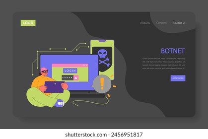 Botnet concept. An alert tech-savvy individual encounters a menacing skull on devices, symbolizing the lurking dangers of botnets. Unauthorized access. Network compromise. Flat vector illustration.