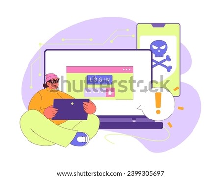 Botnet concept. An alert tech-savvy individual encounters a menacing skull on devices, symbolizing the lurking dangers of botnets. Unauthorized access. Network compromise. Flat vector illustration.