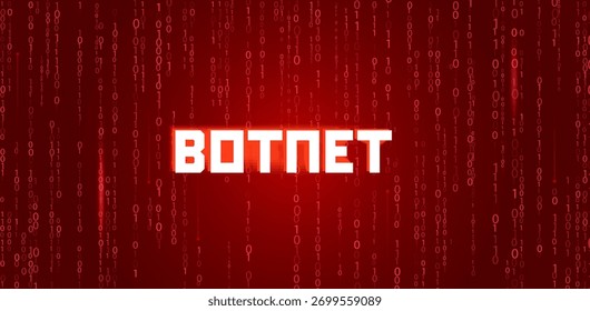 Botnet texto brillante contra un fondo digital rojo vibrante con caída de código binario, que simboliza amenazas cibernéticas, piratería de datos y riesgos de seguridad de la red.